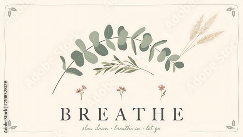 Eucalyptus leaves and small flowers with the word breathe isolated on a transparent background