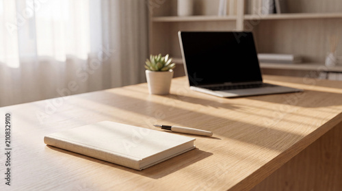 Warm Home Office Desk With Laptop Notebook and Pen
