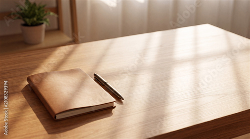 Sunlit Notebook and Pen on Wooden Desk Workspace