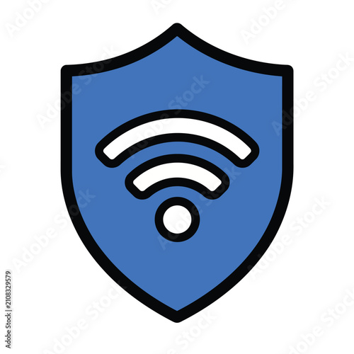 Blue square badge with white swirl symbol and orange dot emblem