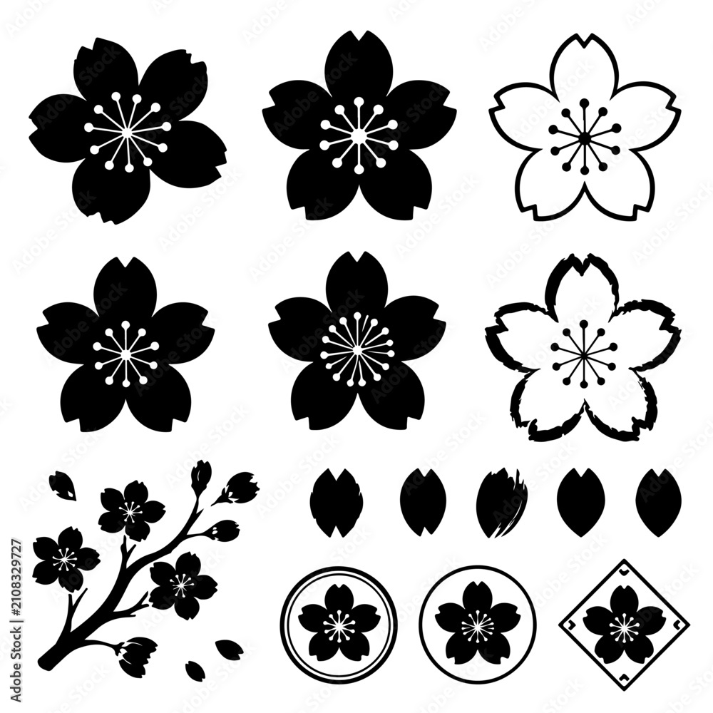 Fototapeta premium Sakura Cherry Blossom Black Silhouette Flower Set