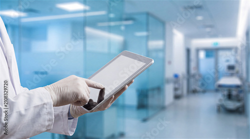 Doctor Using Tablet in Modern Hospital Corridor