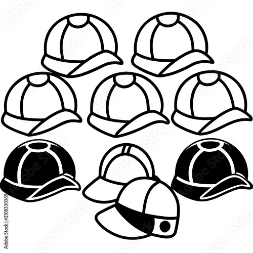 Set of baseball caps in different styles and colors