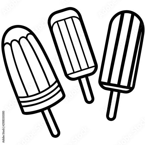 Three delicious ice cream popsicles with different shapes and patterns, simple black and white line art