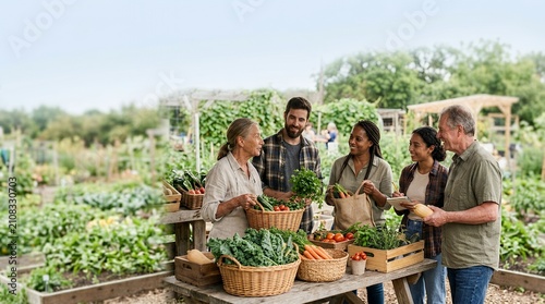 Diverse group of happy people gathering fresh organic vegetables at a community garden.