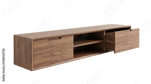 Modern walnut floating TV stand with open drawer, minimalist wooden media console for living room, wall mounted entertainment center furniture