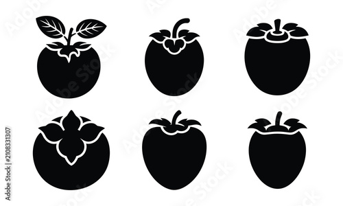 Set of black silhouette icons of persimmon fruits in various depictions.