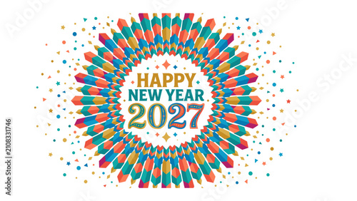 Принти на полотні Happy New Year 2027 Celebration: A vibrant and colorful circular design with Happy New Year 2027 in the center, surrounded by festive confetti and kaleidoscopic patterns