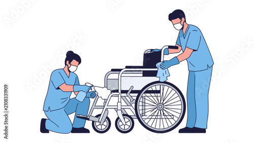 Konstfotografi Hygiene in Motion: Two healthcare professionals, masked and gloved, meticulously clean a wheelchair, demonstrating a commitment to sanitation and patient care