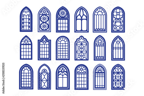 Vintage Gothic Arch Window Vector Set, Ornate Stained Glass Frame Elements for Architecture Design