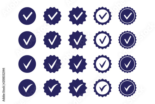 Verified checkmark icon set for approval, guarantee, certificate, and social media verification badge isolated on white background