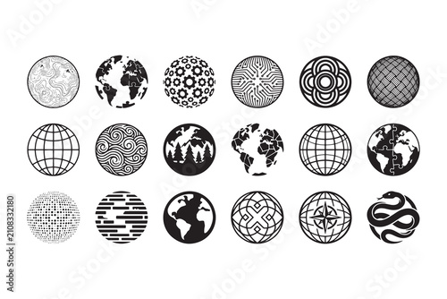 Globe and Abstract Circle Icons Set Planet Earth Map and Geometric Spheres Collection Vector Illustration