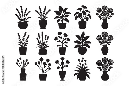 Potted Plants and Flower Vases Silhouette Set Indoor Houseplants Collection Vector Illustration
