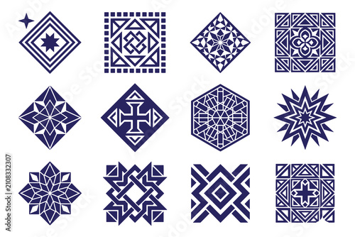 Geometric Mandala Badges and Tile Ornament Elements Set Dark Blue Symbols Collection Vector Illustration