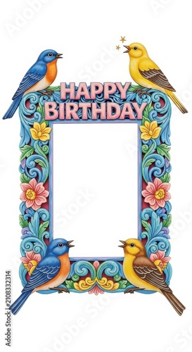 Colorful Birthday Frame with Birds and Flowers Design.