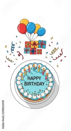 Colorful Birthday Cake With Balloons And Gifts Illustration.