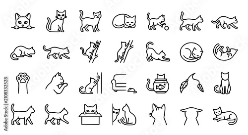 Minimal Cat Outline Icon Pack Featuring Thirty Editable Stroke Feline Actions and Expressions Vector Set