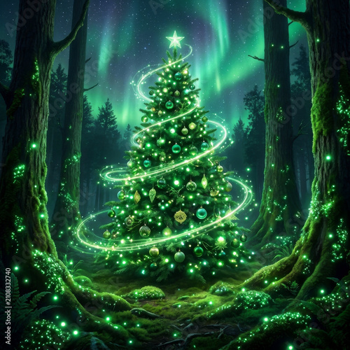 Magical Christmas tree shining in the heart of a mossy forest under a green aurora, a lit tree among ancient, moss-covered trunks.