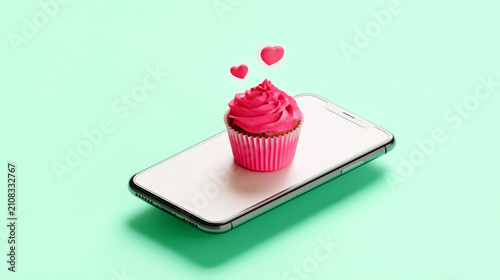 Pink cupcake on smartphone with floating hearts on mint background