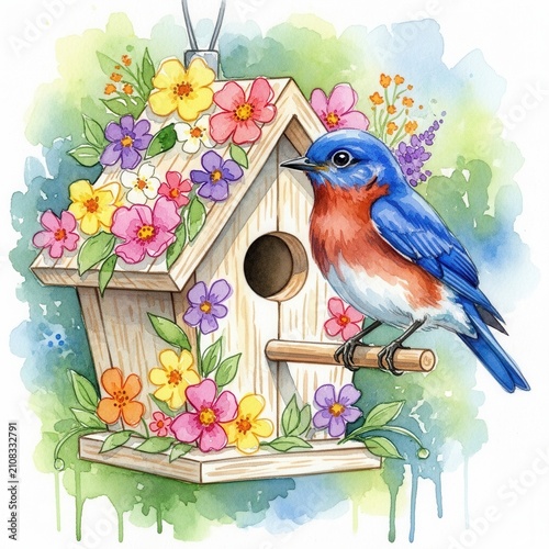 Colorful Birdhouse with Bluebird and Spring Flowers.