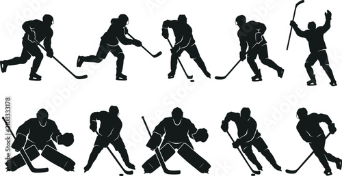 Принти на полотні Ice hockey player silhouettes, professional athletes skating, goalie action poses, winter sports collection, competitive team gameplay elements, black silhouettes on white