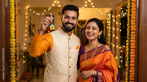 Happy indian couple holding new house key standing at entrance of their home