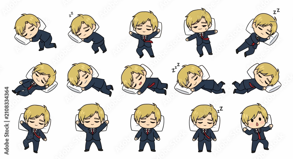 Obraz premium Chibi Anime Boy Characters Sleeping in Suits Set