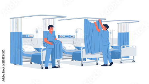 Foto Hospital Room Preparation: Two healthcare professionals meticulously arrange curtains in a clean, modern hospital room, creating a serene and orderly environment for patient care