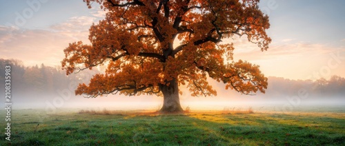 Majestic autumn oak tree standing alone in a misty field during sunrise, vibrant orange leaves glowing in golden light, nature's serene beauty captured