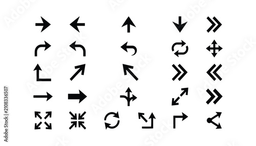 Collection of diverse black arrow symbols on white background for graphic design use