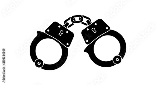 Quadro su tela Black metal handcuffs with linked chain a stark silhouette against a white backg