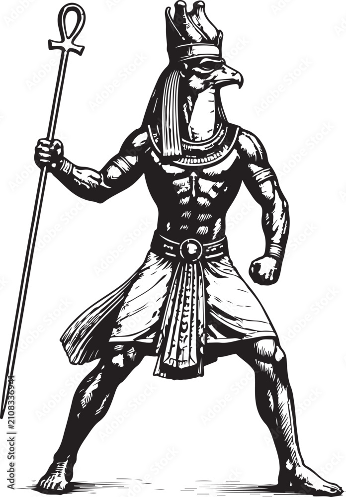 Fototapeta premium Egyptian god horus with falcon head holding staff black and white.