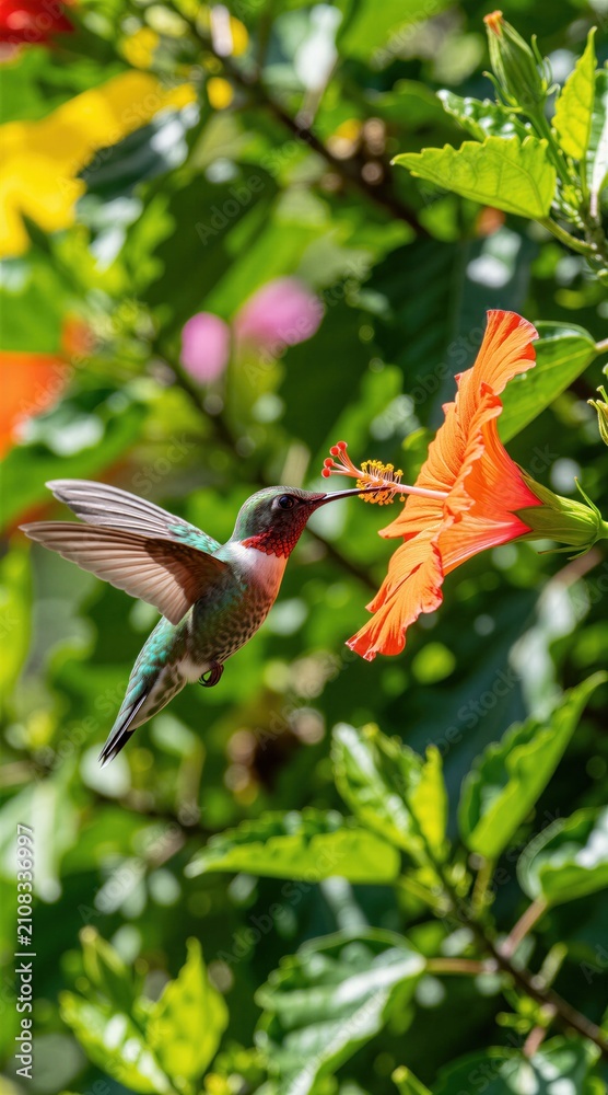 Fototapeta premium Small hummingbird hovers near bright orange hibiscus flower drinking nectar. Tiny bird with iridescent feathers flits its wings fast. Lush green foliage surrounds the vibrant bloom.