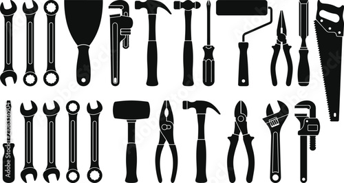Foto Industrial work tools collection featuring hammer, wrench, screwdriver, pliers,