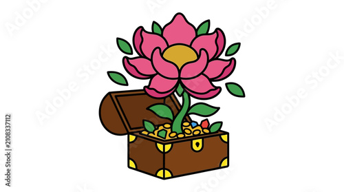Pink flower growing out treasure chest.