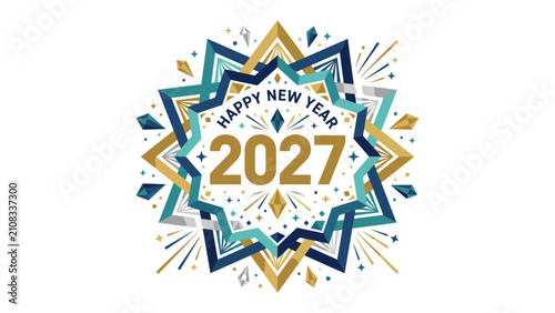 Photography Happy New Year 2027 Geometric Design: A vibrant and modern geometric design celebrates the arrival of the New Year 2027, featuring a starburst pattern with the text Happy New Year 2027 at its center