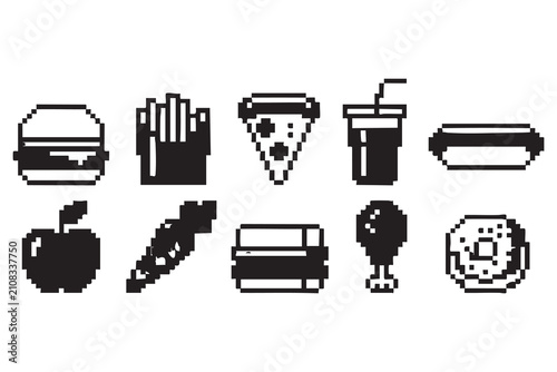 Retro 8 Bit Food Icons Featuring Burger Pizza Fries and Donut