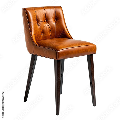 Elegant Brown Tufted Leather Dining Chair with Dark Wooden Legs Isolated on Transparent Background