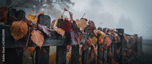 Autumn Leaves on Wooden Fence in Foggy Landscape Capturing the Essence of Fall with Vibrant Colors and Mystical Atmosphere in Nature