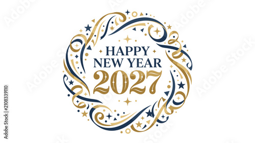 Cuadro en lienzo Happy New Year 2027 Ornamental Design: Festive circular wreath design with golden and navy blue swirling accents, stars, and sparkles, proclaiming Happy New Year 2027 in elegant typography
