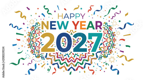 Fotografie New Year 2027 Celebration: Festive confetti and streamers burst around the vibrant numbers '2027' and 'HAPPY NEW YEAR', heralding a joyful and colorful new beginning