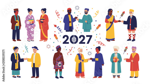 Global Unity for 2027: A vibrant illustration depicts people from diverse cultures and ethnicities coming together to celebrate unity and cooperation, marked by the year 2027.