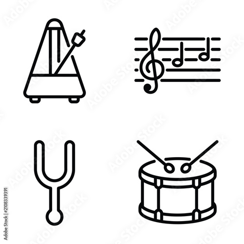 Music performance icons set featuring metronome musical staff tuning fork and drum metronome percussion performance instruments illustration