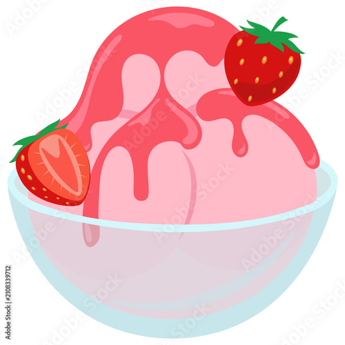 Refreshing pink strawberry ice cream scoops topped with luscious syrup and ripe berries