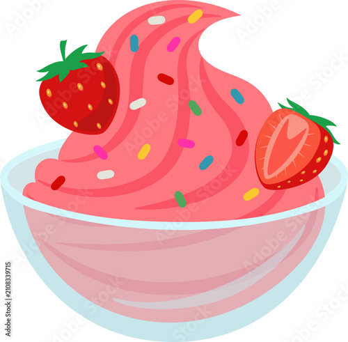 Indulgent pink strawberry soft serve dessert with vibrant sprinkles and fresh berries in a clear bowl, a delicious sweet treat.