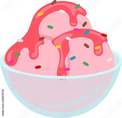 Delightful pink ice cream scoops topped with colorful sprinkles and sweet syrup in a bowl, a refreshing summer dessert.
