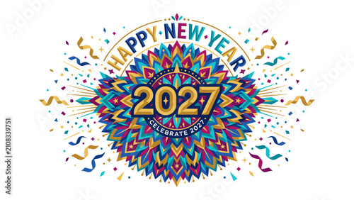Fotografie Happy New Year 2027 Celebration: A vibrant and festive design heralds the arrival of New Year 2027 with colorful confetti, streamers, and a central mandala-inspired graphic