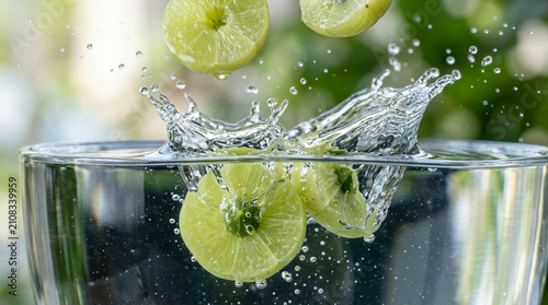 Fresh Lime Slices Splash Into Water, Refreshing Drink Concept