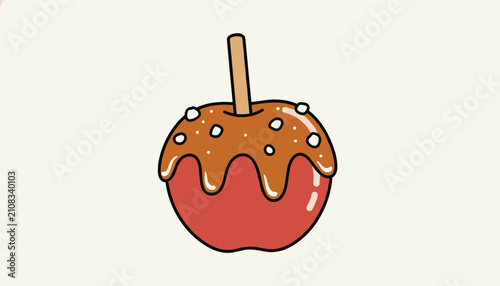 Red candy apple covered in dripping caramel sauce and white sprinkles on a stick over a cream background.