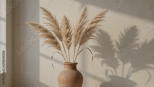 Fluffy pampas grass in a ceramic vase against a neutral wall with sunny shadow
